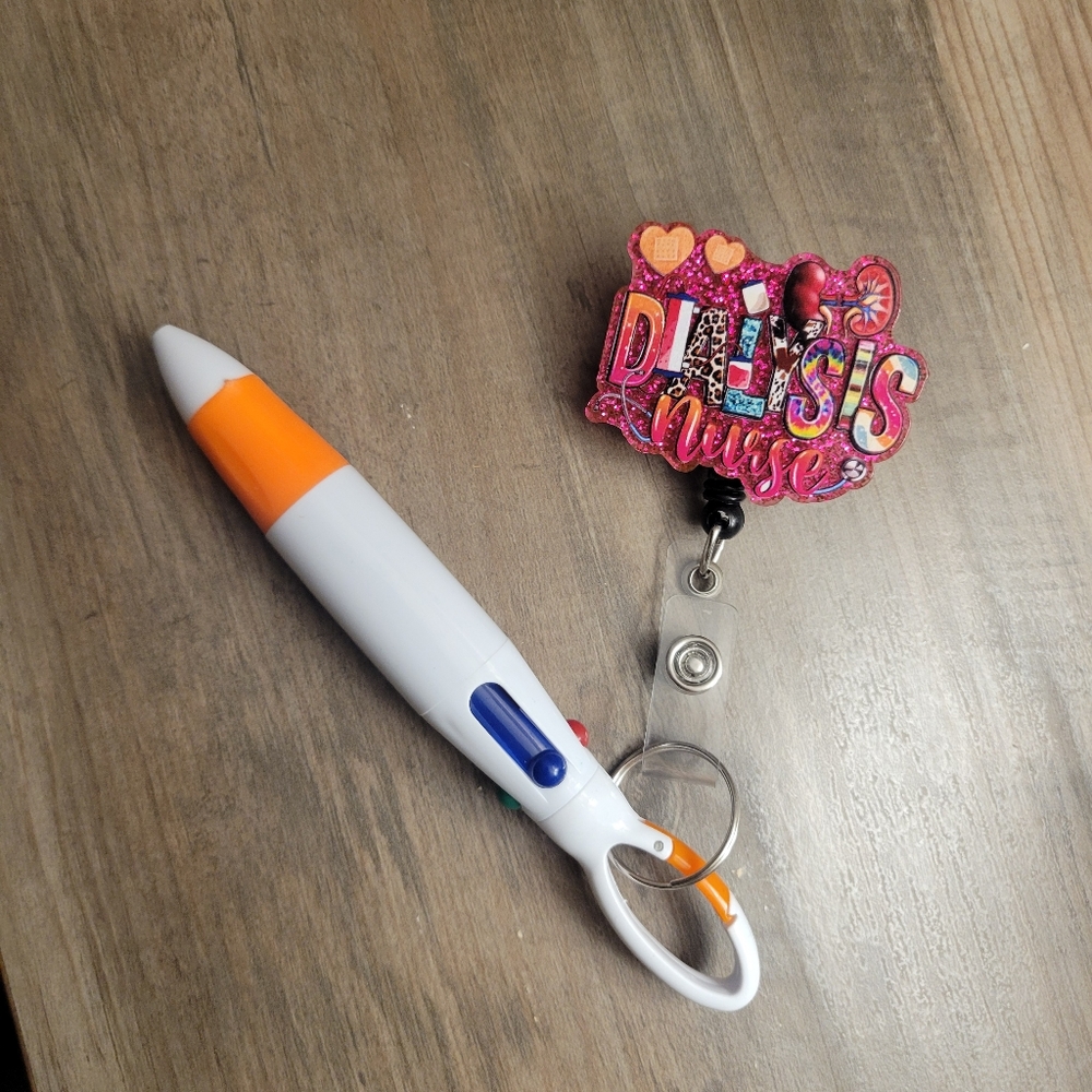 Dialysis Nurse Badge and a multicolored pen